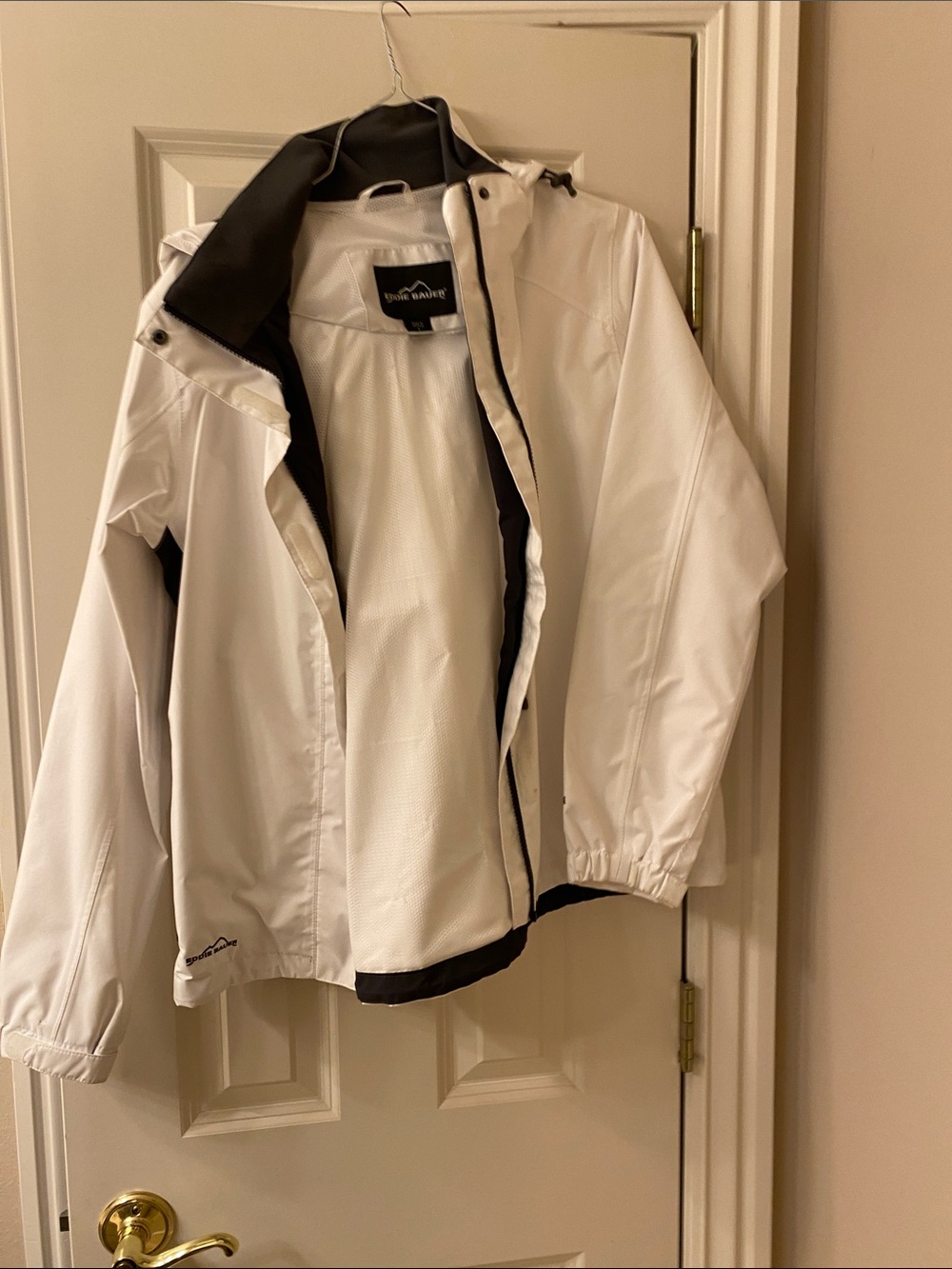 Eddie Bauer White Hooded Utility Jacket with Black Trim